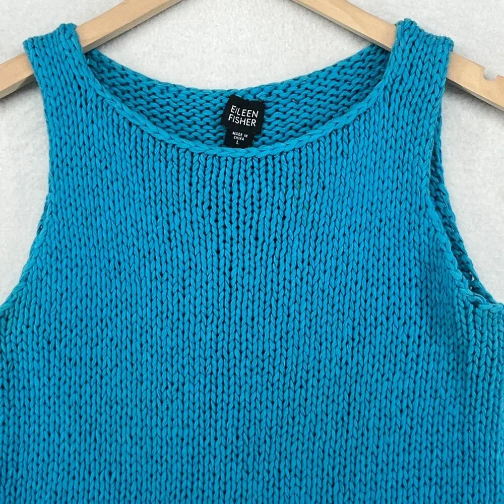 EILEEN FISHER Sweater L Cotton Vest Tank Chunky Rolled Neck Pullover Blue